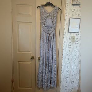 Formal dress in lavender/grey all over lace and crystal belt in size 2.
